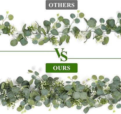 TOCHGREEN 2 PCS Artificial Eucalyptus Garland 5.9FT Faux Silver Dollar Greenery Garland Vines with White Flower Boxwood Fake Hanging Plants for Wedding Home Party Table Mantle Wall Decor
