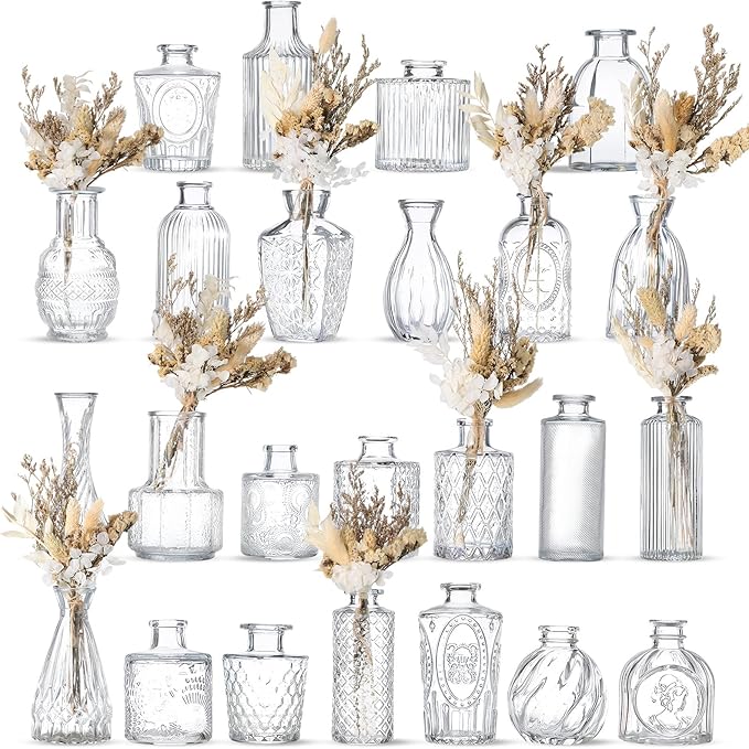 Yerliker 24pcs Glass Bud Vase Set with 24pcs Dried Flower Bouquet, Small Glass Vase Clear Bud Vases in Bulk and Boho Dried Flower Bouquet for Centerpieces Rustic Wedding Decor Home DIY Craft