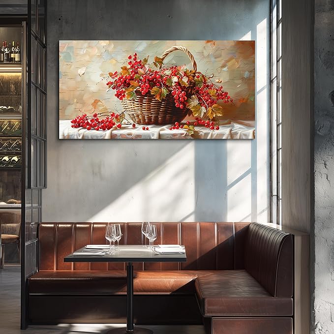 hyidecorart Rustic Dining Room Artwork For Walls Large Canvas Print Wall Art Still Life Bamboo Basket And Fruit Vintage Wall Decor Pictures For Living Room Farmhouse Kitchen Bar Office Posters 24x48