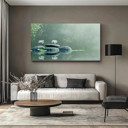 Iallbin Zen Stone Wall Art & Zen Wall Decor, Tranquil misty pond two white lotus flowers -for Yoga Meditation Room, Spa & Bathroom, Green Serenity Art Deco Style, Ready to Hang, 58x29 Inches