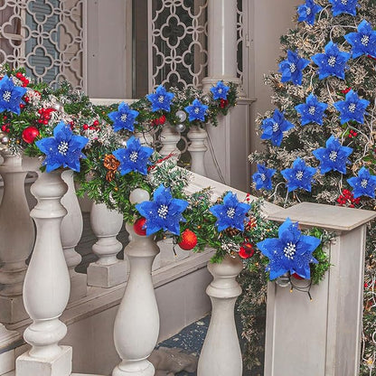 Boao 24 Pieces Christmas Artificial Glitter Poinsettia Flowers Xmas Flowers Wedding Christmas Tree New Year Ornaments(Royal Blue)
