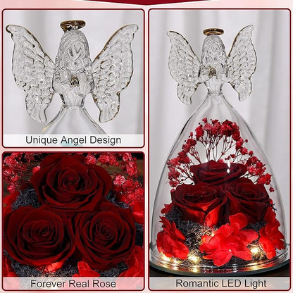 Mothers Day Rose Gifts Glass Angel Figurine with Three Roses Gifts, Preserved Forever Real Rose Gifts for Women, Angel Guardian with Rose for Mothers Day - Wine Red