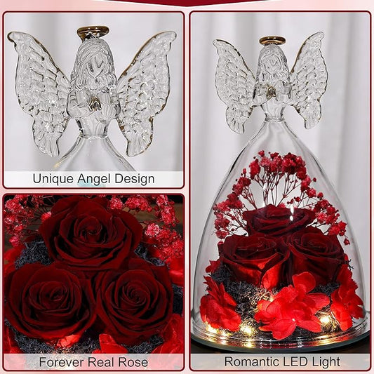 Mothers Day Rose Gifts Glass Angel Figurine with Three Roses Gifts, Preserved Forever Real Rose Gifts for Women, Angel Guardian with Rose for Mothers Day - Wine Red