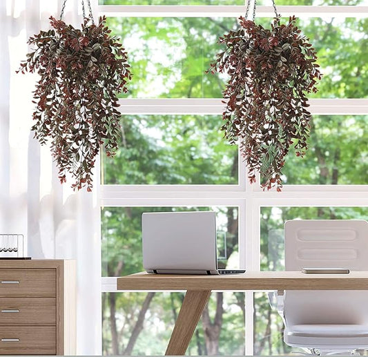 PASYOU Artificial Hanging Vine Plants, Fake Foliage Ivy Plant Plastic Leaves Vines UV Resistant Greenery Faux Flowers Decor Home Indoor Outdoor Garden Door Wall Wedding Party Decoration Red 4 Pack