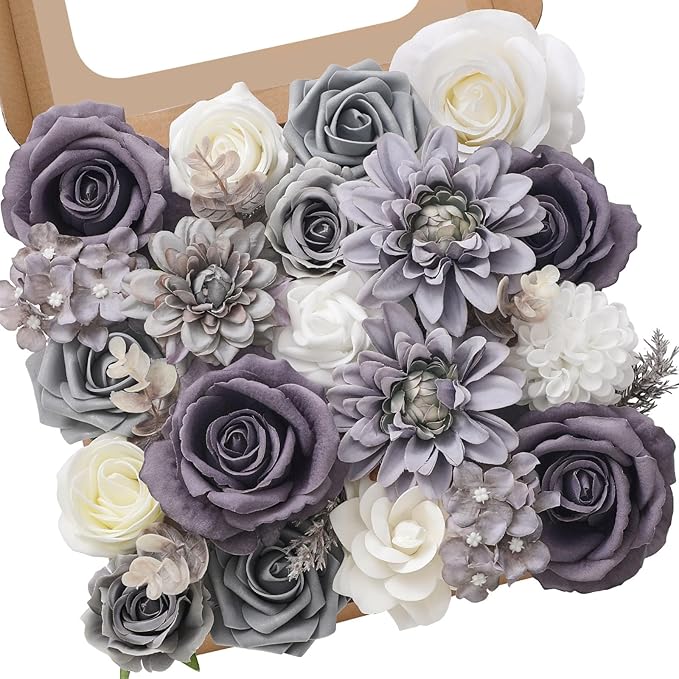Serwalin Grey Artificial Flowers, Silk Fake Flowers for DIY Wedding Bridal Bouquets, Wedding Cake Flowers for Table Centerpieces Baby Shower Birthday Party Home Decorations