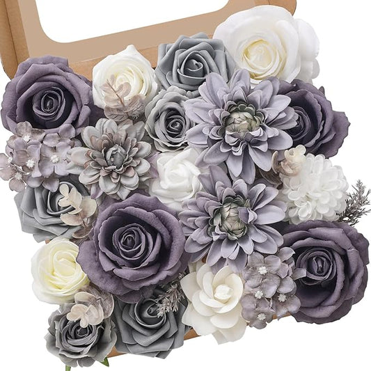 Serwalin Grey Artificial Flowers, Silk Fake Flowers for DIY Wedding Bridal Bouquets, Wedding Cake Flowers for Table Centerpieces Baby Shower Birthday Party Home Decorations