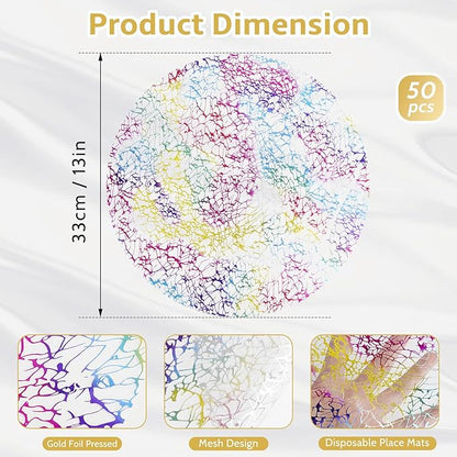 Hysenm 50 Pcs Disposable Colorful Placemats Set Metallic 13 Inch Round Table Doilies, Ultra-Thin Messy Lines Disposable Placement Mats for Home Decoration Dining Table Wedding Birthday Party