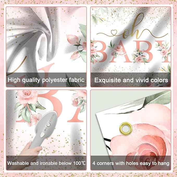 Mocsicka Oh Baby Backdrop Pink Floral Baby Shower Banner for Girls Party Decorations Photo Booth Props (Pink, 7x5ft)