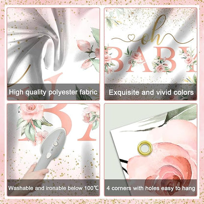 Mocsicka Oh Baby Backdrop Pink Floral Baby Shower Banner for Girls Party Decorations Photo Booth Props (Pink, 8x6ft)