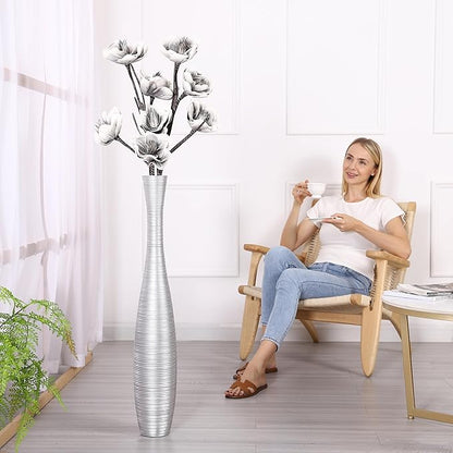 Leewadee Decorative Tall Floor Vase for Living Room Decor, 34 inches, Silver, Resin