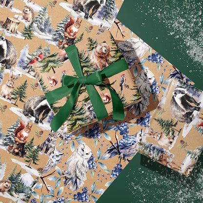 WRAPAHOLIC Kraft Christmas Wrapping Paper Roll - Mini Roll - 3 Rolls - 17 Inch x 120 Inch Per Roll - Wild Animals Winterfall Watercolor Holiday Collection