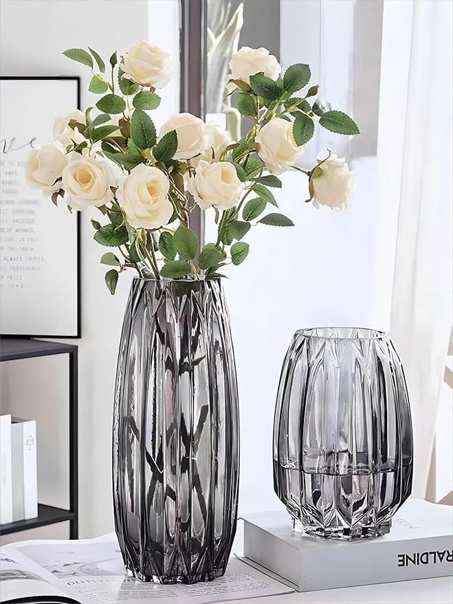 Large Flower Vase,11 inch,GIDARY Thickened Clear Ribbed Glass Vase for Bookshelf,Dinner Table,Indoor Office Desktop,Meeting Room,Home Christmas Day Decoration