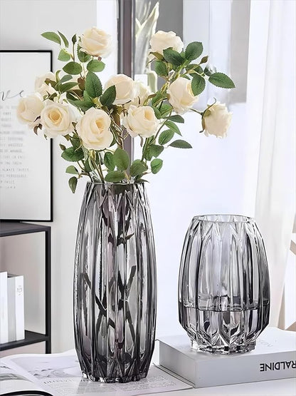 Large Flower Vase,11 inch,GIDARY Thickened Clear Ribbed Glass Vase for Bookshelf,Dinner Table,Indoor Office Desktop,Meeting Room,Home Christmas Day Decoration