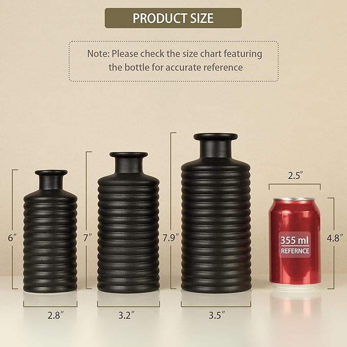 Black Ceramic Vases for Home Decor, Modern Farmhouse Frosted Semi Matte Textured Decorative Vase Set, Unique Vase for Entryway, Coffee Table, Shelf, Small Pampas Grass and Flowers