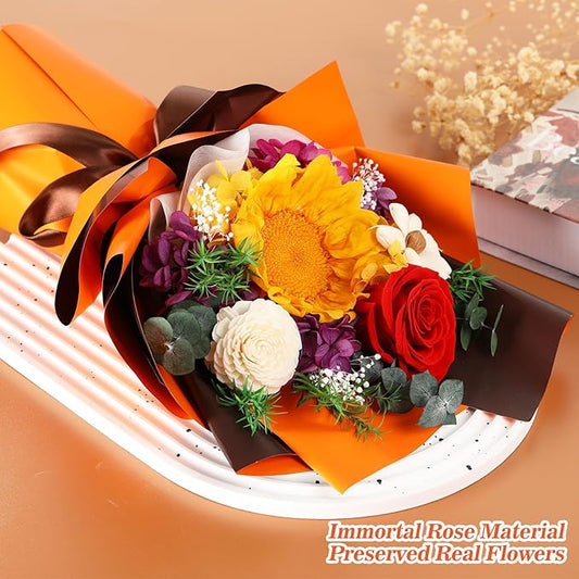 Jtoder Forever Flowers for Delivery, Preserved Flower Bouquets, Long Lasting Orange Sunflower Roses, Gifts Bouquet for Mother Wife Girlfriend on Festivals Birthday Anniversary
