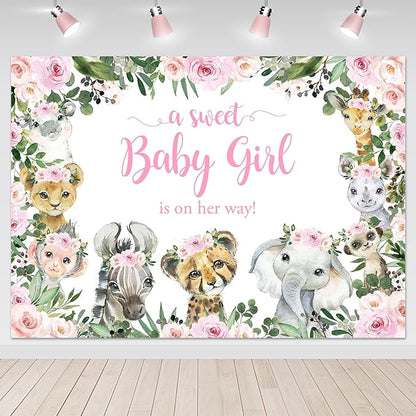 Mocsicka Girl Safari Baby Shower Backdrop Jungle Animals Sweet Baby Girl Background Pink Floral Greenery Baby Shower Party Cake Table Decoration Photo Booth Props (7x5ft)