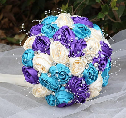 Bridal Wedding Bouquet Round Bling Brooch Bouquet Throw Toss Artificial Rose Flower Bunch for Bride Bridesmaid Wedding Quinceanera(Teal Blue, Purple & Cream, 7.5")