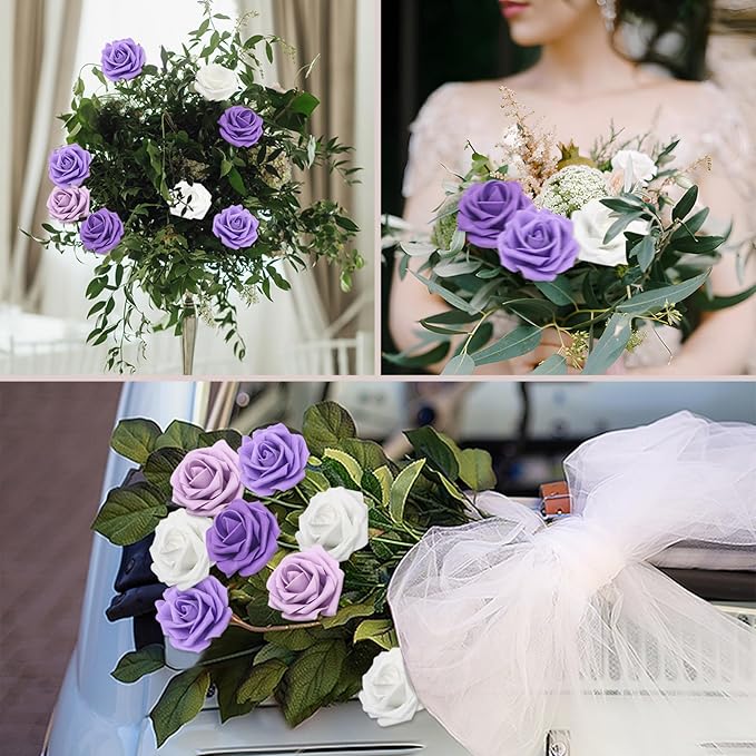 Artificial Flowers 50PCS Purple Roses Real Looking Foam Fake Roses with Leaves and for DIY Wedding Bouquets Bridal Shower Centerpieces Party Decorations (Purple Series, 50)