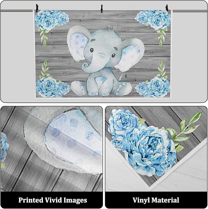 AOFOTO 8x6ft Rustic Grey Wood Elephant Backdrop Boy Baby Shower Party Decoration Photography Background Watercolor Flower Cartoon Animal Photo Studio Props Newborn Infant Kid Child Birthday Banner