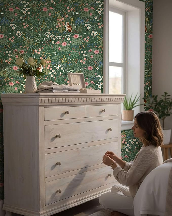 Heroad Floral Peel and Stick Wallpaper Green Wallpaper Boho French Country Contact Paper Vintage Cat Birds Removable Self-Adhesive Wall Paper for Bedroom Kitchen Cabinets Decoration Vinyl 17.3”x393”