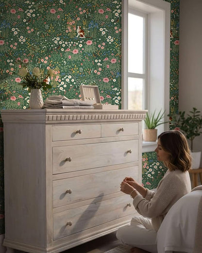 Heroad Floral Peel and Stick Wallpaper Green Wallpaper Boho French Country Contact Paper Vintage Cat Birds Removable Self-Adhesive Wall Paper for Bedroom Kitchen Cabinets Decoration Vinyl 17.3”x78.7”