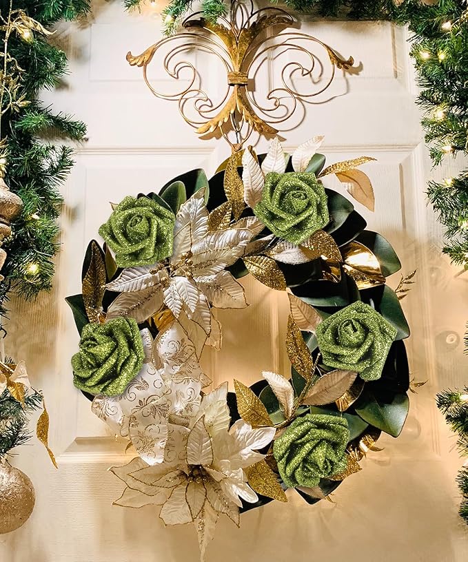 IPOPU Glitter Flowers, 25pcs Glitter Roses Green Foam Flowers Foam Roses with Stems for DIY Wedding Bridal Bouquet Home Party Decoration(Green)