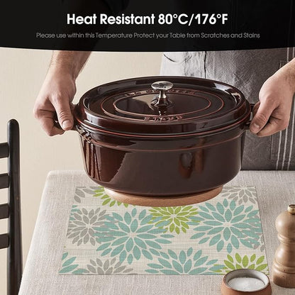 Artoid Mode Floral Vinyl Placemats Set of 6, Heat Resistant Washable Non-Slip Plistic PVC Place Mats for Party Kitchen Dining Decor, Sage