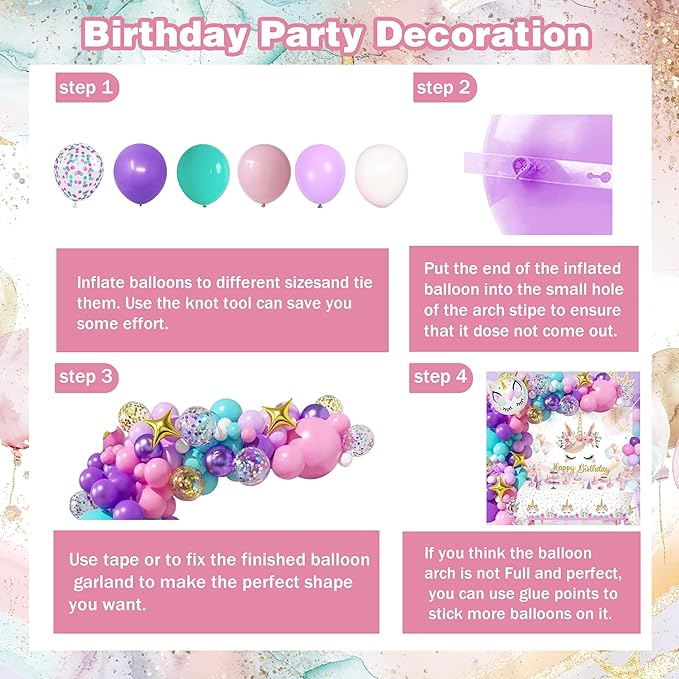 Unicorn Birthday Party Decorations For Women Girls,Happy Birthday Banner,Purple Pink Balloon Arch Kit,Foil Balloons,Cake toppers