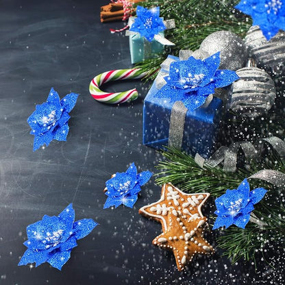 Boao 24 Pieces Glitter Poinsettia Artificial Christmas Flowers Poinsettia Decorations Wedding Christmas Tree Ornaments, 3/4/6 Inches (Blue)