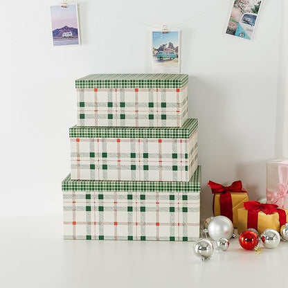 Soul & Lane Plaid Christmas Gift Box - Set of 3: Holiday Decor Storage Box, Decorative Photo Storage, Keepsake Boxes with Lids, Nesting Cardboard Containers for Presents, Seasonal Décor Bins