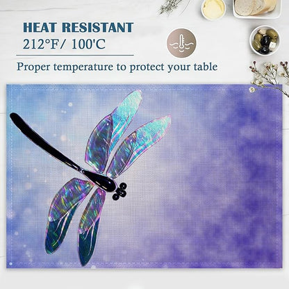 Retro Glass Dragonfly Placemats Set of 4, Waterproof Place Mats Non-Slip Washable Table Mats Set for Kitchen Dining Holiday Party Wedding Decor 12x18 Inch