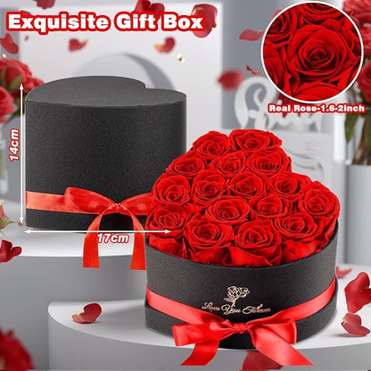 Forever Flowers, 16 Fresh Preserved Rose in Heart Shape Box for Delivery Prime, Eternal Rose for Her Wife Women Anniversary Birthday Red
