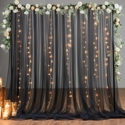 10ft x 10ft Black Backdrop Curtain with Lights String for Parties, Sheer Tulle Wedding Photo Backdrops Drapes for Baby Shower Birthday Party Decorations Background for Photography