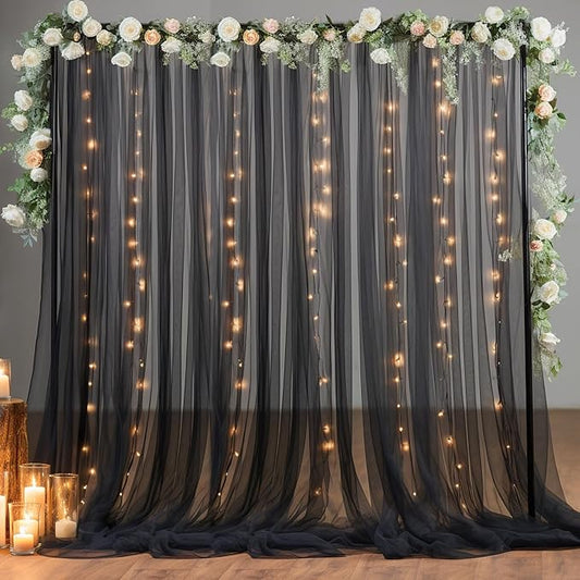 30x10ft Black Tulle Backdrop Curtain with Lights String for Parites, Sheer Backdrop Curtains for Wedding Baby Shower Birthday Party Photo Shoot Decorations