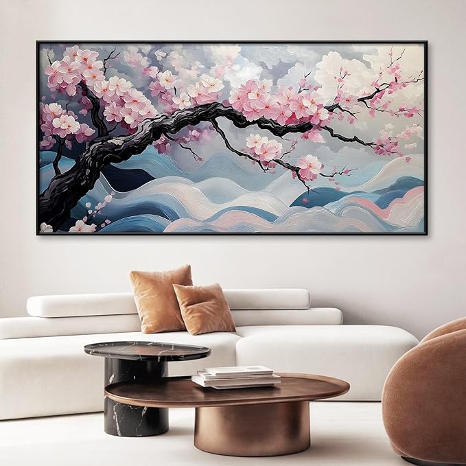 Japanese Cherry Blossom Canvas Wall Art, Sakura Tree Canvas Print, Pink Floral Pictures, Cherry Blossom Tree Wall Art, Flower Branch Decor, Nature Prints for Living Room (Gold Framed, 39"x19" | 100x50cm)