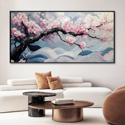 Japanese Cherry Blossom Canvas Wall Art, Sakura Tree Canvas Print, Pink Floral Pictures, Cherry Blossom Tree Wall Art, Flower Branch Decor, Nature Prints for Living Room (Black Framed, 39"x19" | 100x50cm)
