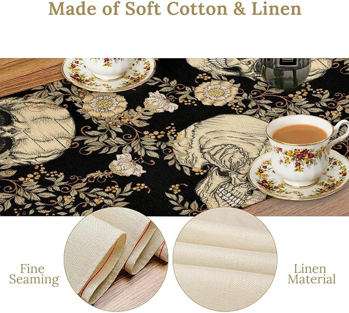 Gothic Table Runner,Vintage Floral Skull Print Table Runner for Home Kitchen Table Dining Garden Farmhouse Wedding Party Decor 13x90 Inch