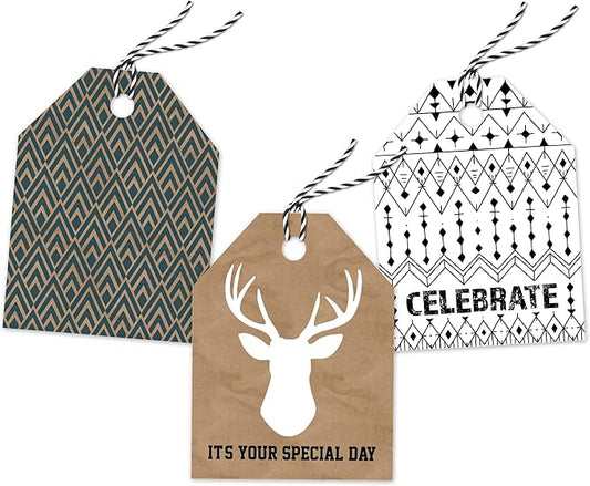 Pro Supply Global 24 Count of 2.5 Inch x 3 Inch Pre Strung Deer Heads Gift Tag Assorted Printed Designs on Large Cardstock Gift Hang Tags - Ideal to Use on Bags