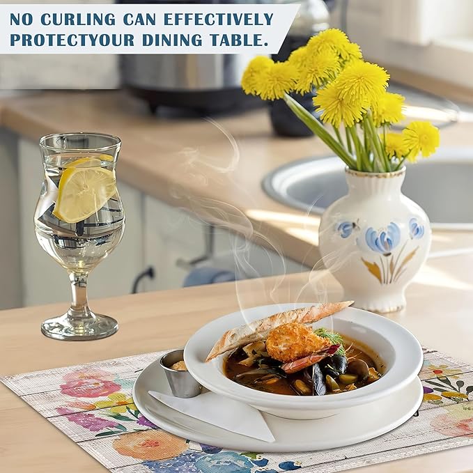 Wooden Flower Love Placemats Set of 4, Linen Place Mats Heat Resistant Non-Slip Washable Table Mats for Dining Kitchen Party Decor 12"x18"