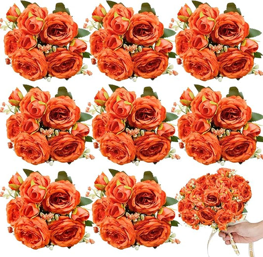 ASTRYAS 8Pcs Peonies Artificial Flowers, Orange Peony Artificial Peonies, Fall Flowers Fake Silk Peonies Artificial Flowers Peonies Bouquet for Autumn Centerpiece Table Wedding Party Home Decor