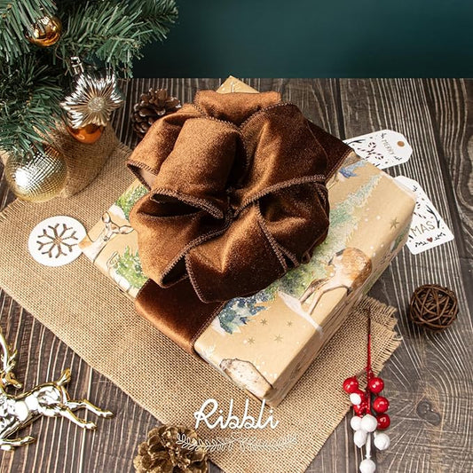 Ribbli Brown Velvet Wired Ribbon 2.5 Inch Velvet with Satin Christmas Ribbon for Gift Wrapping Christmas Tree Decoration Crafts Wreaths Supplies-Continuous 10 Yards