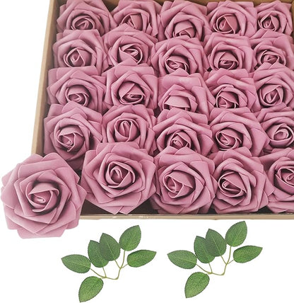 Artificial Flowers 25pcs Fake Roses, Rouge Foam Rose Faux Flower for DIY Wedding Bouquets Bridal Shower Centerpieces Floral Arrangements Home Decorations Party Backdrops Table