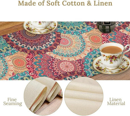 Bohemian Table Runner, Colorful Traditional Blue Pink Mandala Flower Table Runner for Kitchen Dining Cafe Party Decor, 13x90 Inch