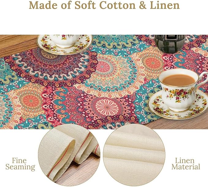 Bohemian Table Runner, Colorful Traditional Blue Pink Mandala Flower Table Runner for Kitchen Dining Cafe Party Decor, 13x108 Inch