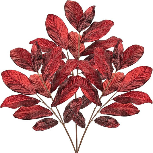 31" Burgundy Christmas Glitter Leaves Spray, Artificial Glitter Long Stems Christmas Tree Picks and Sprays Christmas Decoration Picks Xmas Tree Garland Wreath Autumn Winter Home