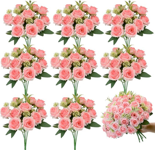 8 Pack Rose Artificial Flowers Bouquet, 10 Small Silk Rose Heads Per Pack, Fake Roses Bunches for Wedding Table Centerpieces Bridal Bouquet Mother's Day Valentine's Day Home Decor, Light Pink