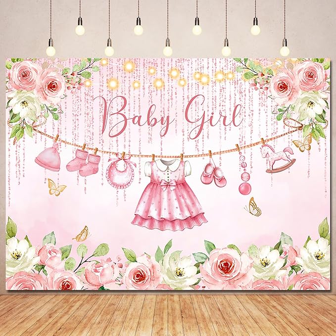 Pink Floral Baby Girl Baby Shower Backdrop Party Decorations,Rose Gold Flower Its a Girl Banner Backdrops Photography Background for Baby Shower Newborn Party Supplies Photo Booth Props 7x5ft