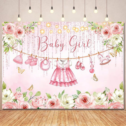 Pink Floral Baby Girl Baby Shower Backdrop Decorations,Cute Clothes Its a Girl Banner Back Drops Rose Gold Flower Photography Background for Baby Shower Party Supplies Photo Booth Props 8x6ft