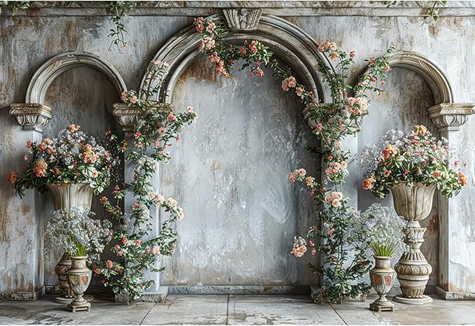 Baocicco 15x10ft Flower Castle Wall Photography Background Vintage Arch European Palace Victoria Wall Backdrop Women Themed Party Birthday Decorations Bridal Shower Ceremony Engagement Photoshoot