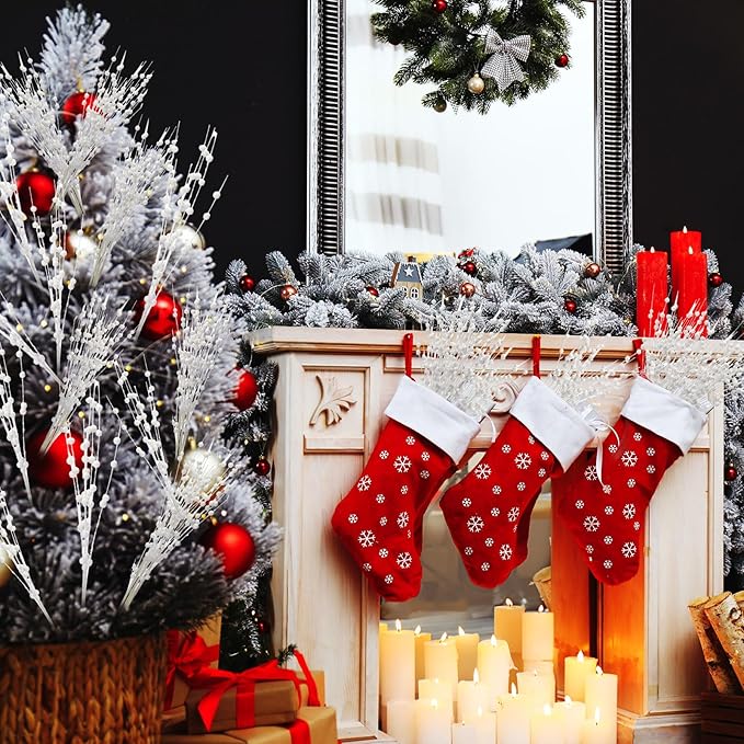 Geosar 30 Pcs Christmas Artificial Glitter Berry Stem Decorations 17 Inch Faux Stick Floral Pick Centerpiece Bouquet Flower Bead Twigs for Centerpiece Tree Wreath Xmas Ornaments Home(White)